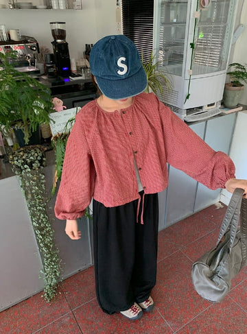 Hindel Check Shirring Cropped Long Sleeve Blouse